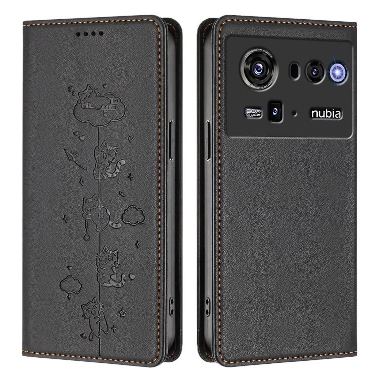For ZTE nubia Z80 Ultra Cute Cats Embossed Magnetic RFID Vegan Leather Phone Case