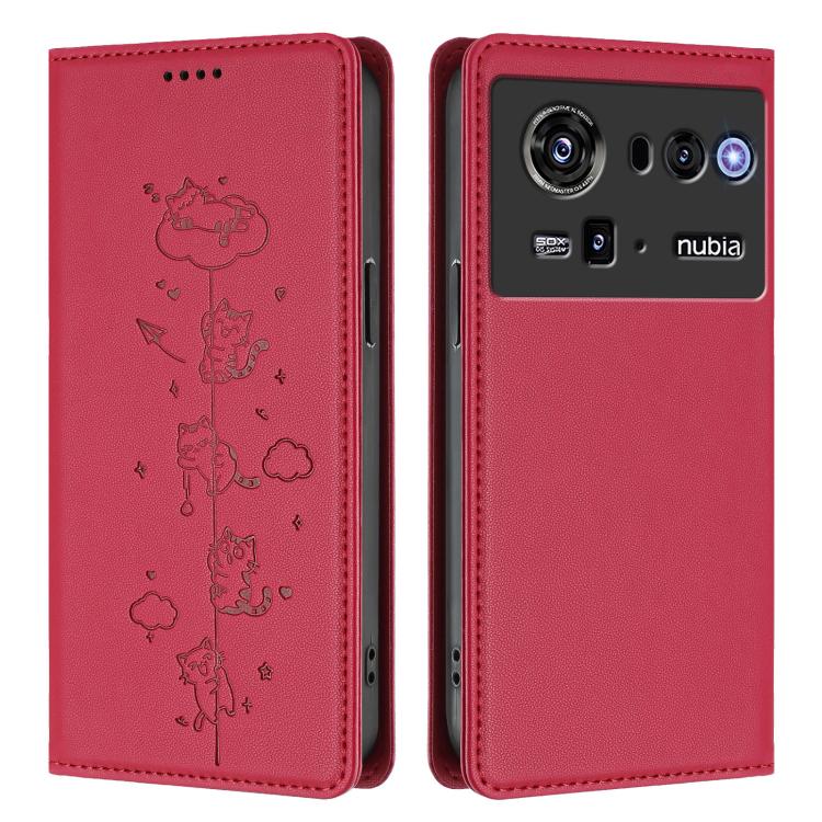 For ZTE nubia Z80 Ultra Cute Cats Embossed Magnetic RFID Vegan Leather Phone Case