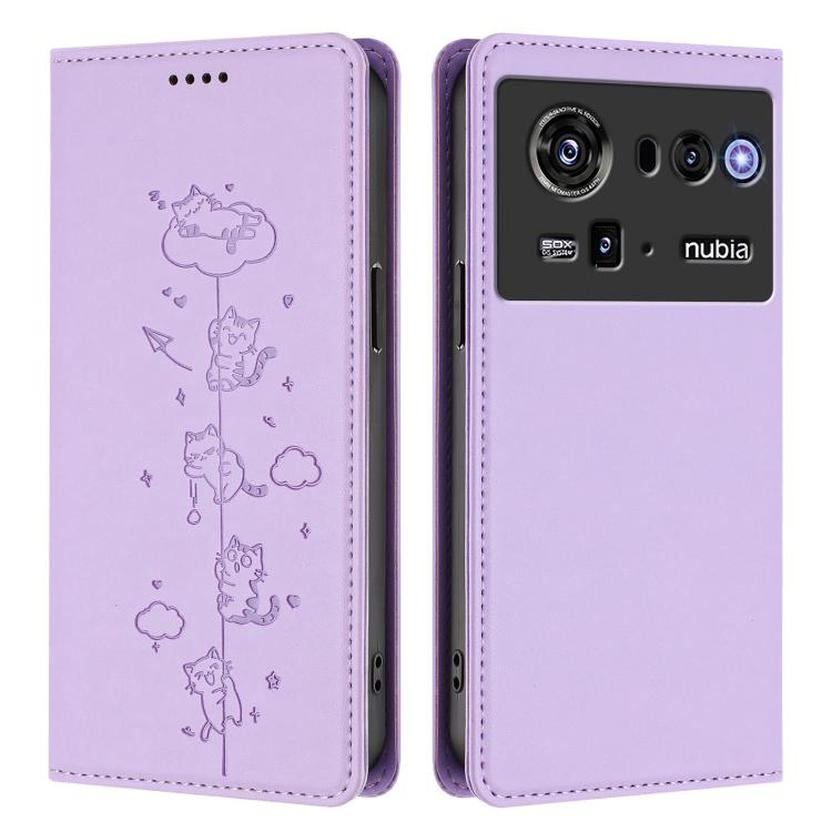For ZTE nubia Z80 Ultra Cute Cats Embossed Magnetic RFID Vegan Leather Phone Case