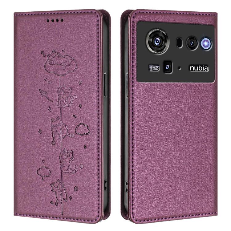 For ZTE nubia Z80 Ultra Cute Cats Embossed Magnetic RFID Vegan Leather Phone Case