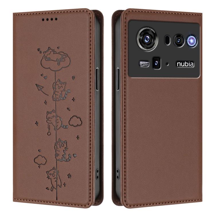 For ZTE nubia Z80 Ultra Cute Cats Embossed Magnetic RFID Vegan Leather Phone Case