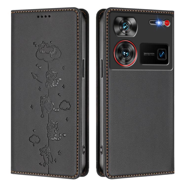 For ZTE nubia Z60 Ultra Cute Cats Embossed Magnetic RFID Vegan Leather Phone Case
