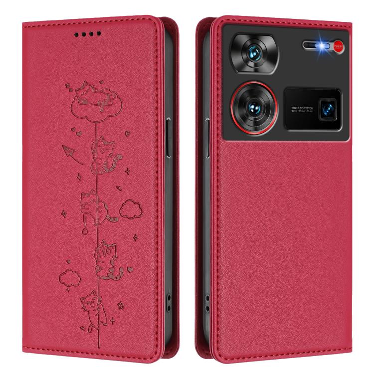 For ZTE nubia Z60 Ultra Cute Cats Embossed Magnetic RFID Vegan Leather Phone Case