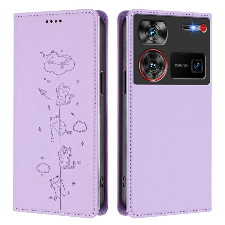 For ZTE nubia Z60 Ultra Cute Cats Embossed Magnetic RFID Vegan Leather Phone Case