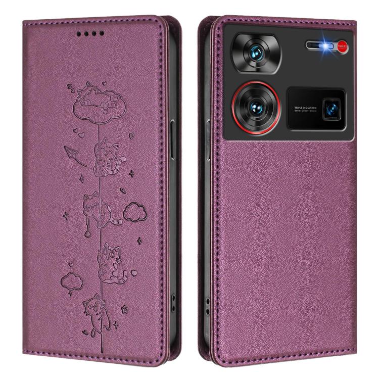 For ZTE nubia Z60 Ultra Cute Cats Embossed Magnetic RFID Vegan Leather Phone Case
