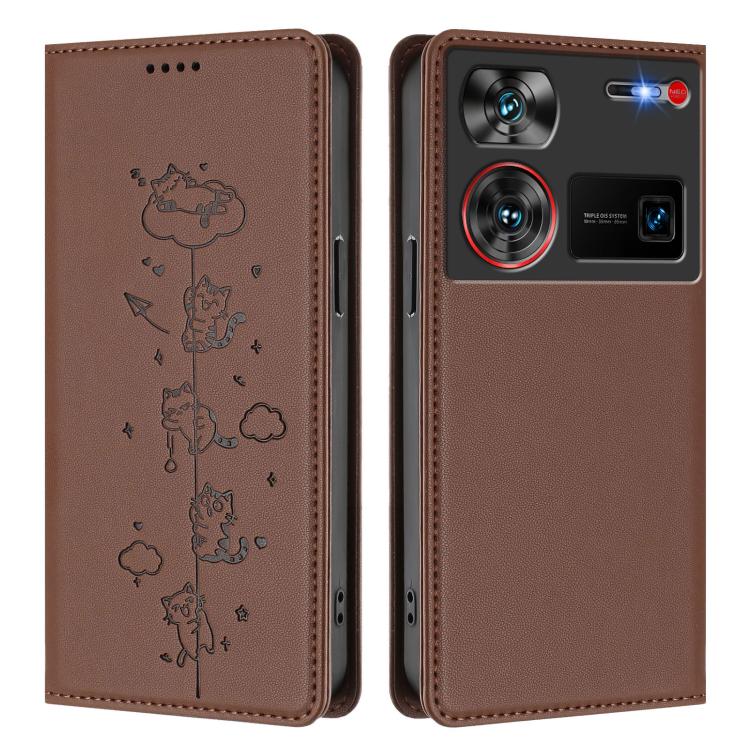 For ZTE nubia Z60 Ultra Cute Cats Embossed Magnetic RFID Vegan Leather Phone Case