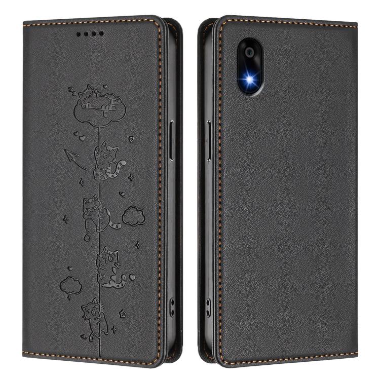 For ZTE Kantan Sumaho 4 A402ZT Cute Cats Embossed Magnetic RFID Vegan Leather Phone Case