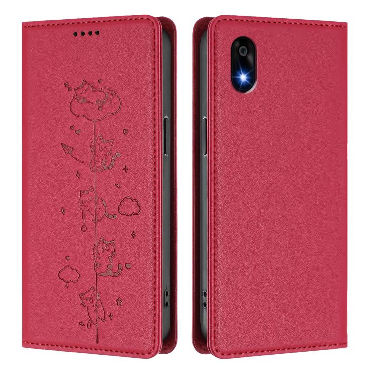 For ZTE Kantan Sumaho 4 A402ZT Cute Cats Embossed Magnetic RFID Vegan Leather Phone Case