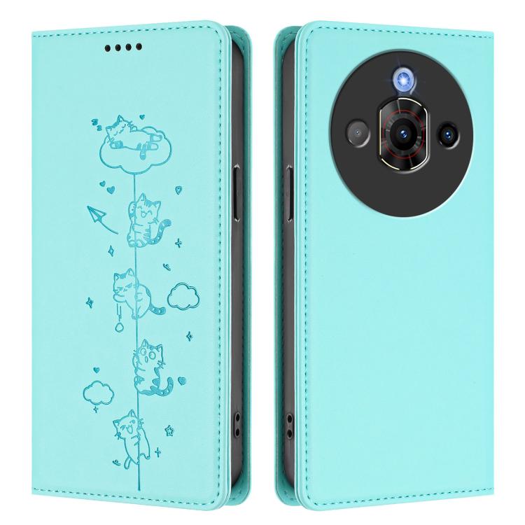 For ZTE nubia Focus Pro 5G Cute Cats Embossed Magnetic RFID Vegan Leather Phone Case