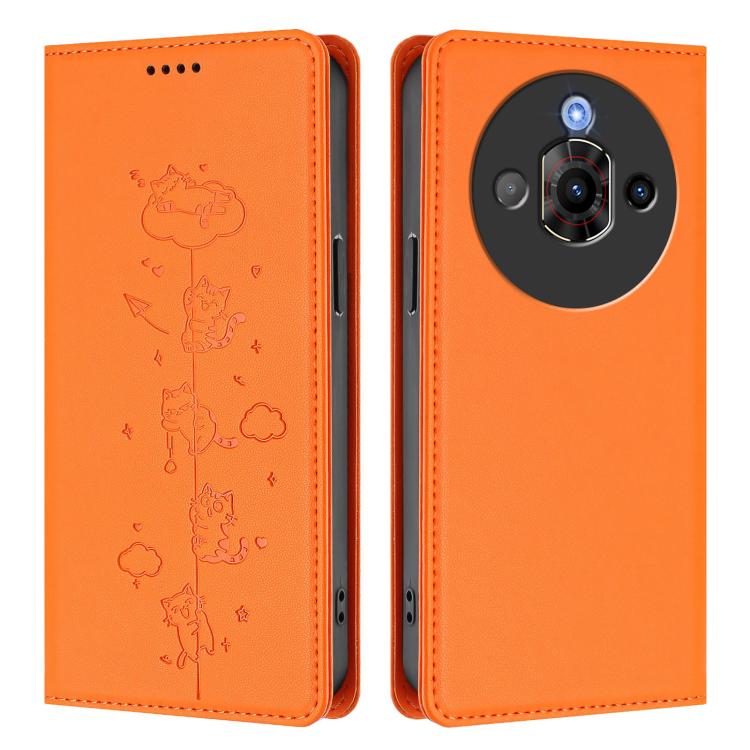 For ZTE nubia Focus Pro 5G Cute Cats Embossed Magnetic RFID Vegan Leather Phone Case