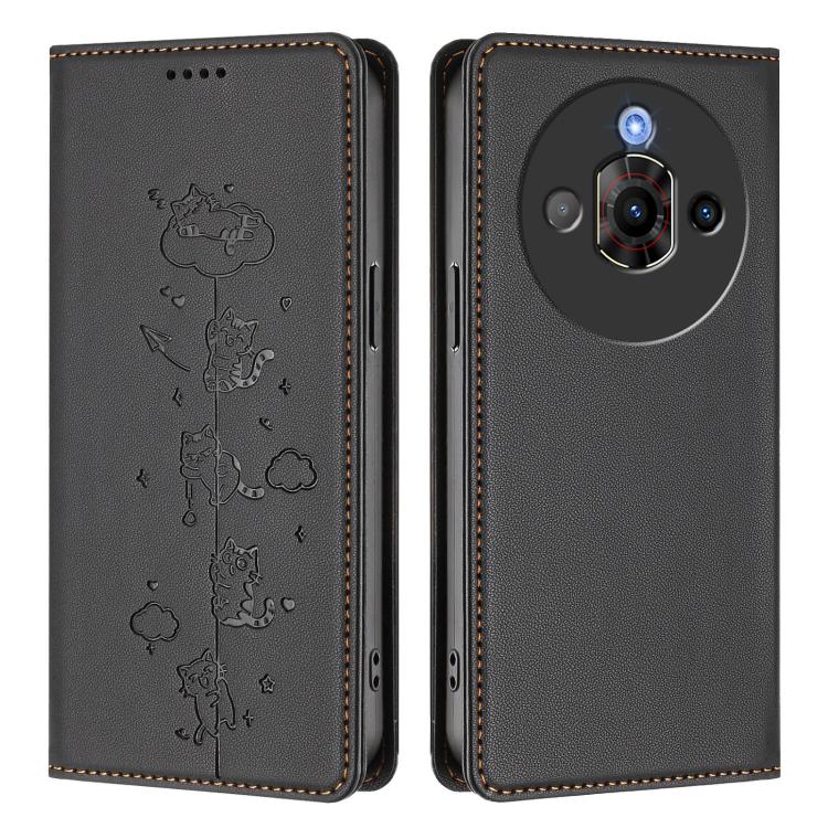 For ZTE nubia Focus Pro 5G Cute Cats Embossed Magnetic RFID Vegan Leather Phone Case
