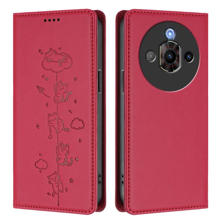 For ZTE nubia Focus Pro 5G Cute Cats Embossed Magnetic RFID Vegan Leather Phone Case