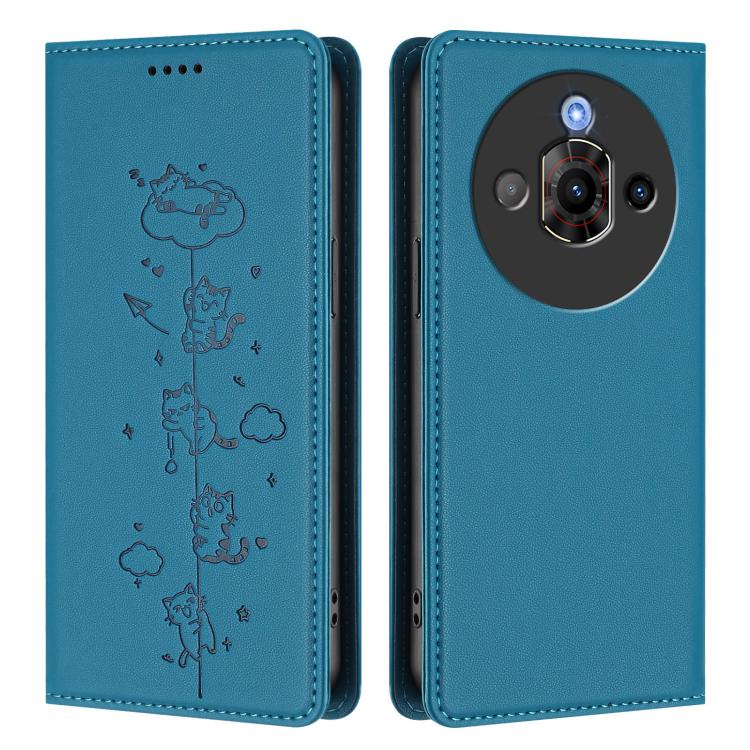 For ZTE nubia Focus Pro 5G Cute Cats Embossed Magnetic RFID Vegan Leather Phone Case