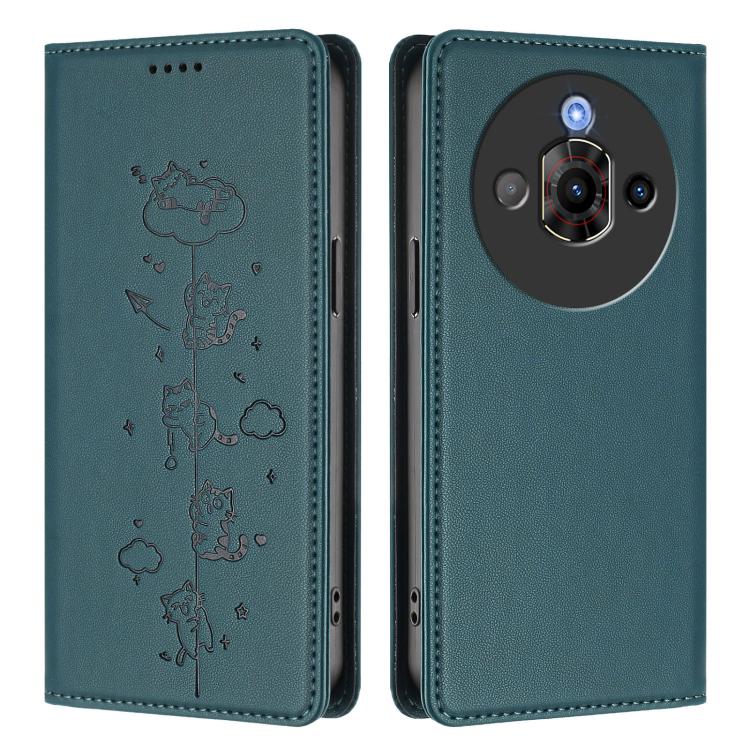For ZTE nubia Focus Pro 5G Cute Cats Embossed Magnetic RFID Vegan Leather Phone Case