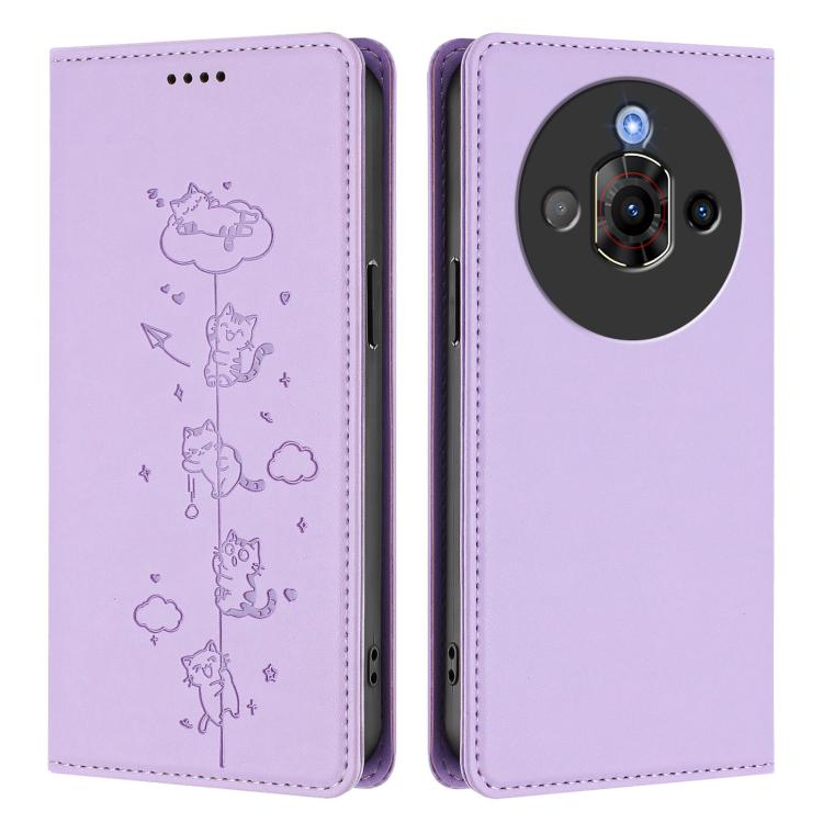 For ZTE nubia Focus Pro 5G Cute Cats Embossed Magnetic RFID Vegan Leather Phone Case