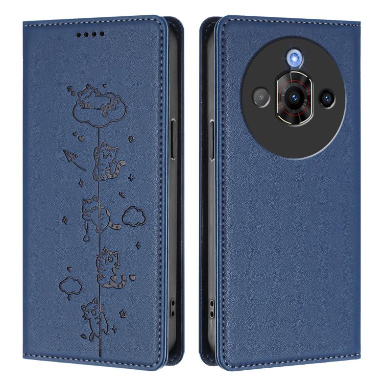 For ZTE nubia Focus Pro 5G Cute Cats Embossed Magnetic RFID Vegan Leather Phone Case