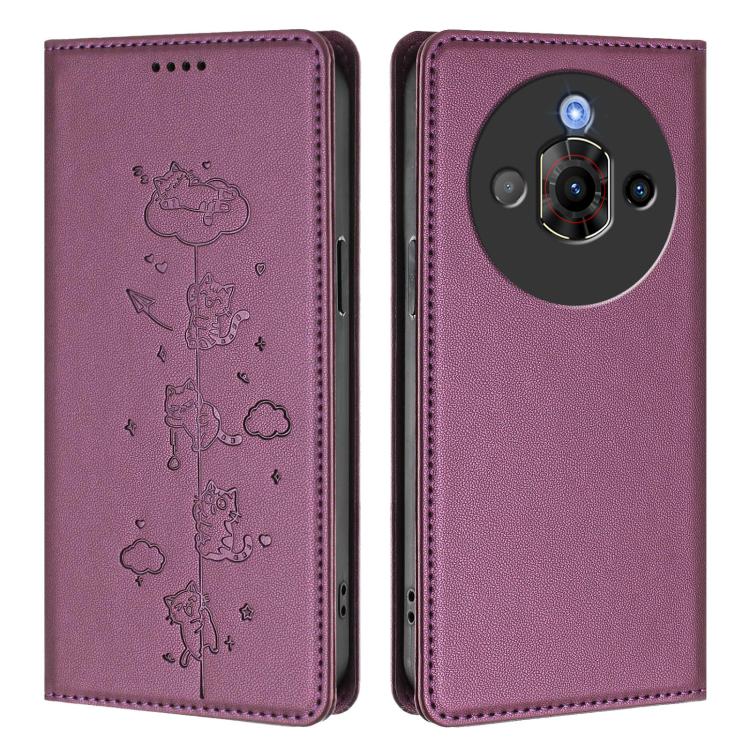 For ZTE nubia Focus Pro 5G Cute Cats Embossed Magnetic RFID Vegan Leather Phone Case