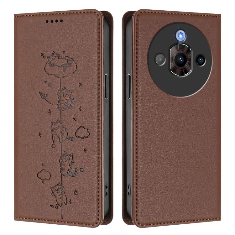 For ZTE nubia Focus Pro 5G Cute Cats Embossed Magnetic RFID Vegan Leather Phone Case