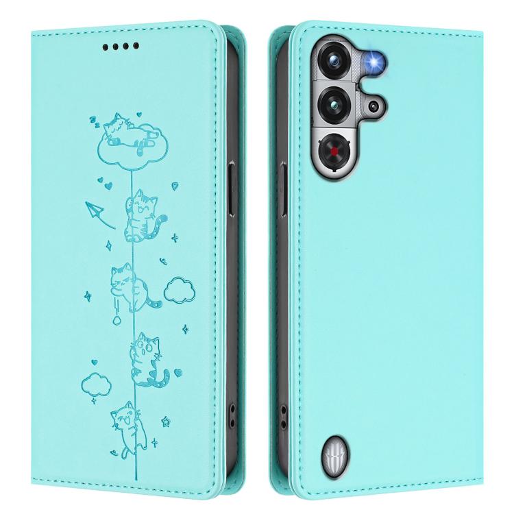 For ZTE nubia Red Magic 10 Pro Cute Cats Embossed Magnetic RFID Vegan Leather Phone Case
