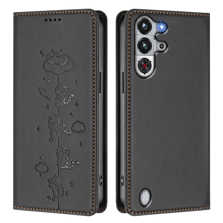 For ZTE nubia Red Magic 10 Pro Cute Cats Embossed Magnetic RFID Vegan Leather Phone Case
