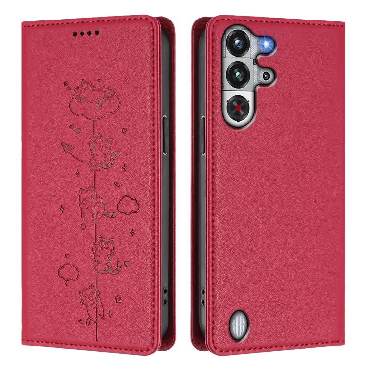 For ZTE nubia Red Magic 10 Pro Cute Cats Embossed Magnetic RFID Vegan Leather Phone Case