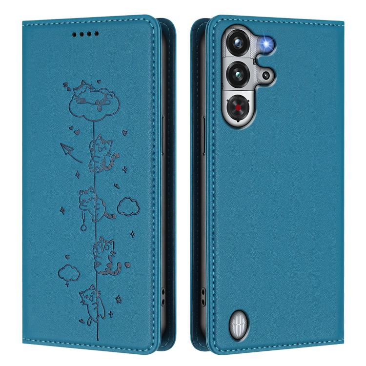 For ZTE nubia Red Magic 10 Pro Cute Cats Embossed Magnetic RFID Vegan Leather Phone Case
