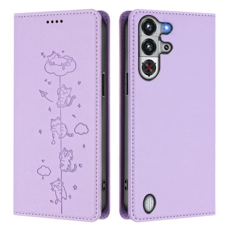 For ZTE nubia Red Magic 10 Pro Cute Cats Embossed Magnetic RFID Vegan Leather Phone Case
