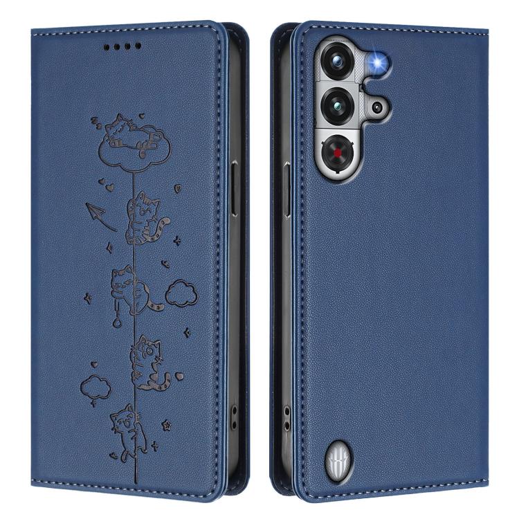 For ZTE nubia Red Magic 10 Pro Cute Cats Embossed Magnetic RFID Vegan Leather Phone Case