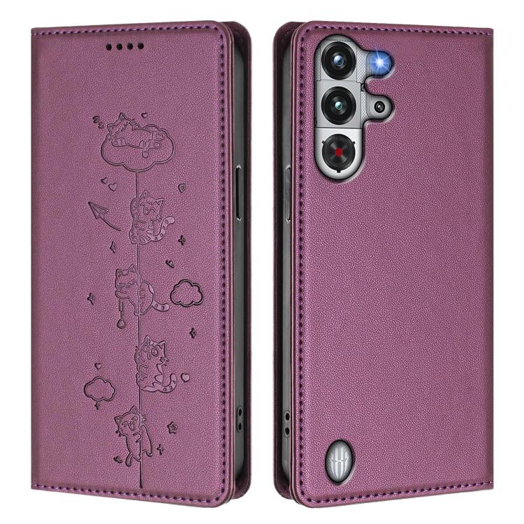 For ZTE nubia Red Magic 10 Pro Cute Cats Embossed Magnetic RFID Vegan Leather Phone Case