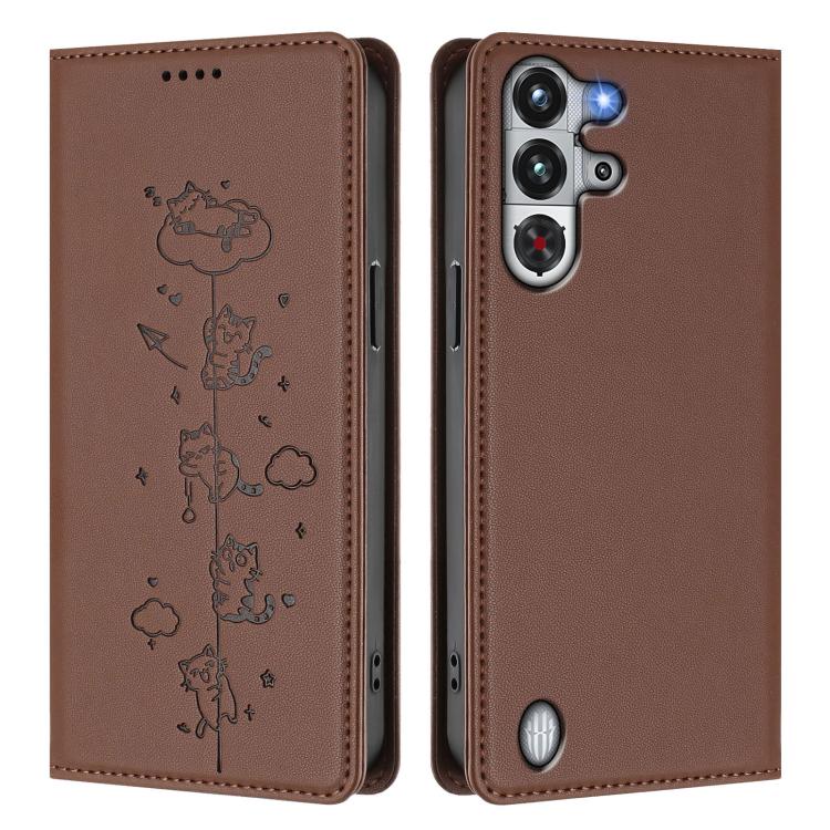 For ZTE nubia Red Magic 10 Pro Cute Cats Embossed Magnetic RFID Vegan Leather Phone Case
