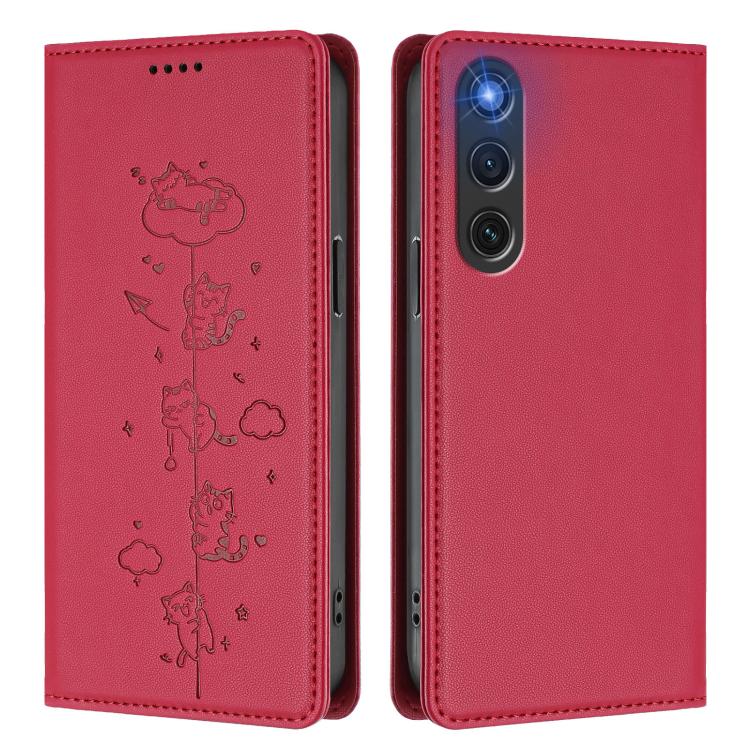 For ZTE nubia Red Magic 10 Air Cute Cats Embossed Magnetic RFID Vegan Leather Phone Case