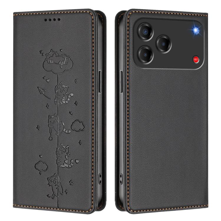 For ZTE nubia V80 Design Cute Cats Embossed Magnetic RFID Vegan Leather Phone Case
