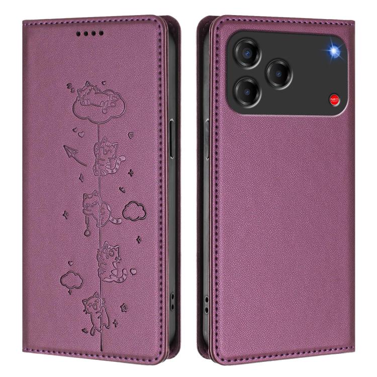 For ZTE nubia V80 Design Cute Cats Embossed Magnetic RFID Vegan Leather Phone Case