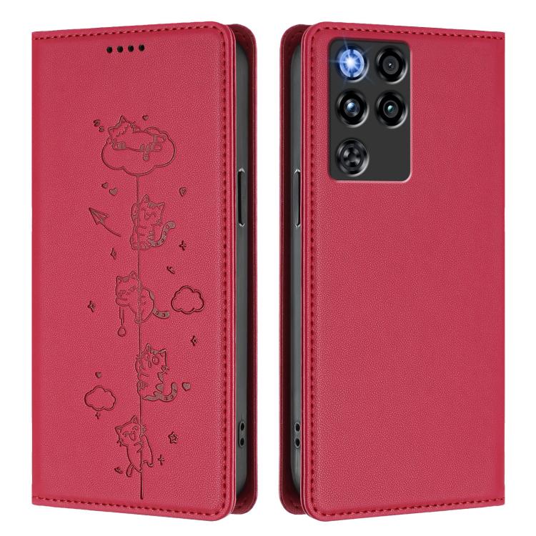 For ZTE nubia RedMagic 11 Pro Cute Cats Embossed Magnetic RFID Vegan Leather Phone Case