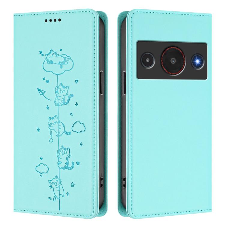 For ZTE A75 Pro / Telstra T-Elite 5G Cute Cats Embossed Magnetic RFID Vegan Leather Phone Case