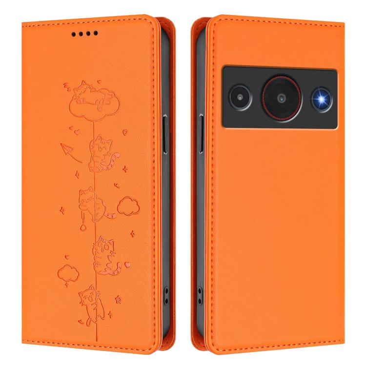 For ZTE A75 Pro / Telstra T-Elite 5G Cute Cats Embossed Magnetic RFID Vegan Leather Phone Case