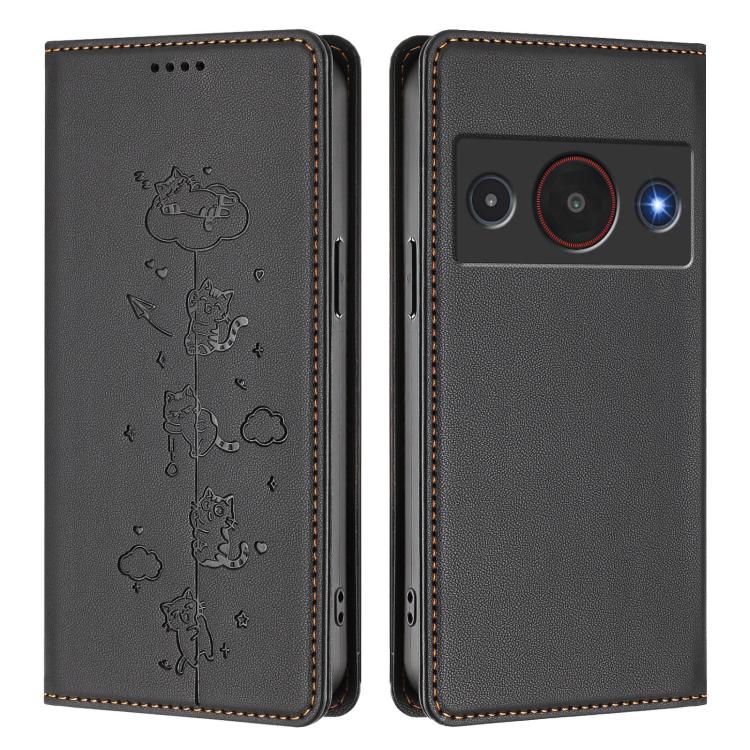 For ZTE A75 Pro / Telstra T-Elite 5G Cute Cats Embossed Magnetic RFID Vegan Leather Phone Case