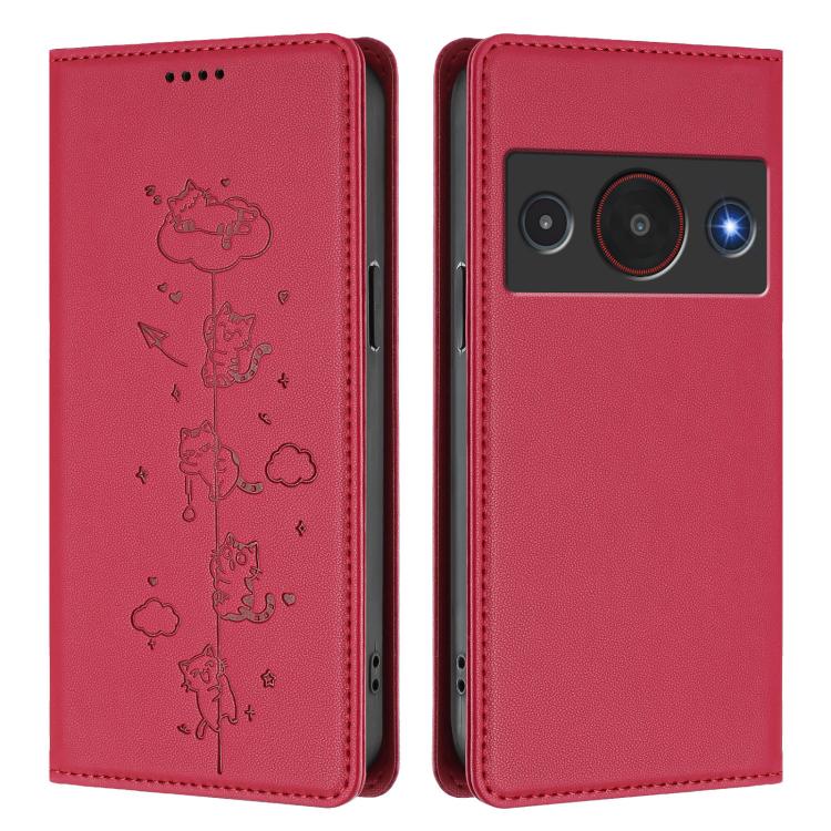 For ZTE A75 Pro / Telstra T-Elite 5G Cute Cats Embossed Magnetic RFID Vegan Leather Phone Case