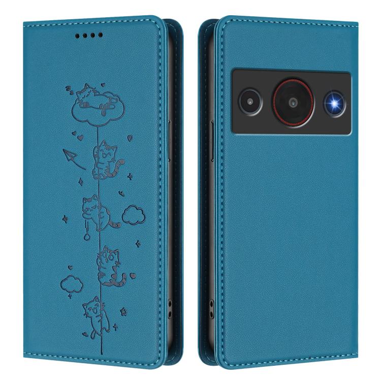 For ZTE A75 Pro / Telstra T-Elite 5G Cute Cats Embossed Magnetic RFID Vegan Leather Phone Case