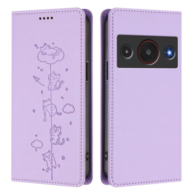 For ZTE A75 Pro / Telstra T-Elite 5G Cute Cats Embossed Magnetic RFID Vegan Leather Phone Case