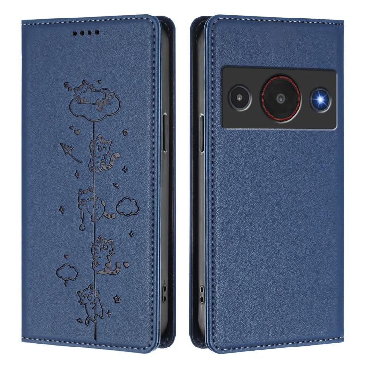 For ZTE A75 Pro / Telstra T-Elite 5G Cute Cats Embossed Magnetic RFID Vegan Leather Phone Case