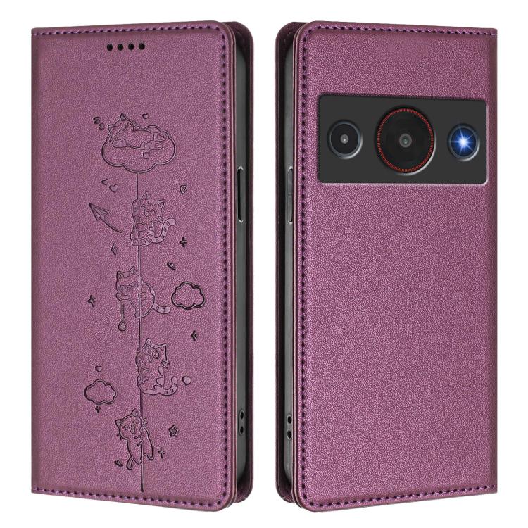 For ZTE A75 Pro / Telstra T-Elite 5G Cute Cats Embossed Magnetic RFID Vegan Leather Phone Case