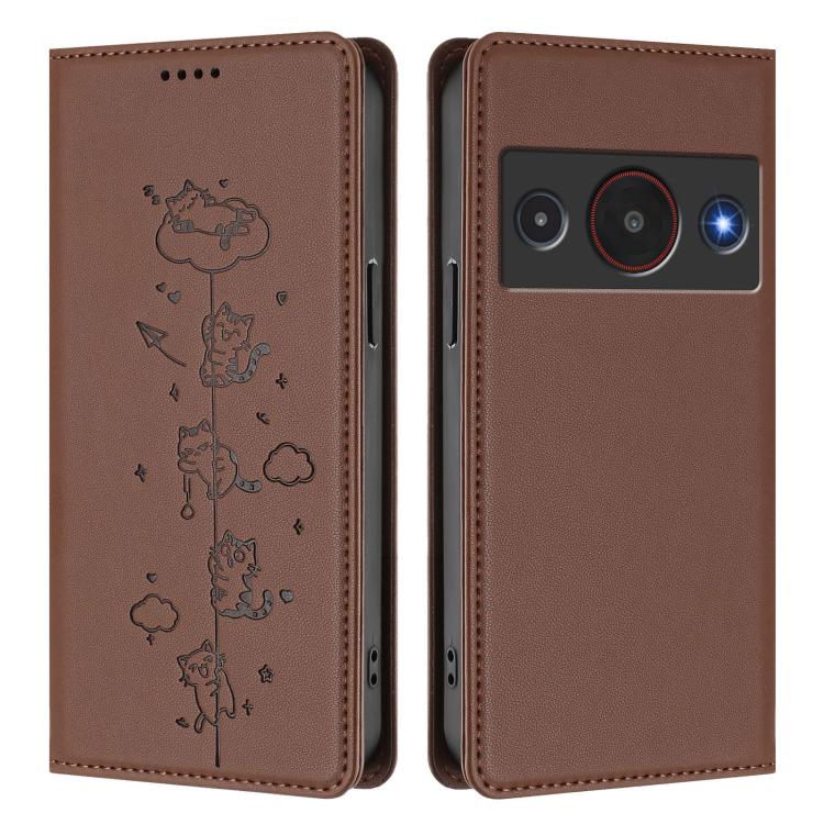 For ZTE A75 Pro / Telstra T-Elite 5G Cute Cats Embossed Magnetic RFID Vegan Leather Phone Case