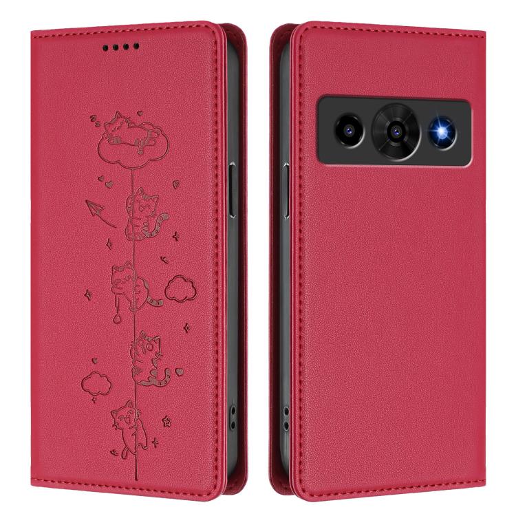 For ZTE Optus X Value 5G Cute Cats Embossed Magnetic RFID Vegan Leather Phone Case