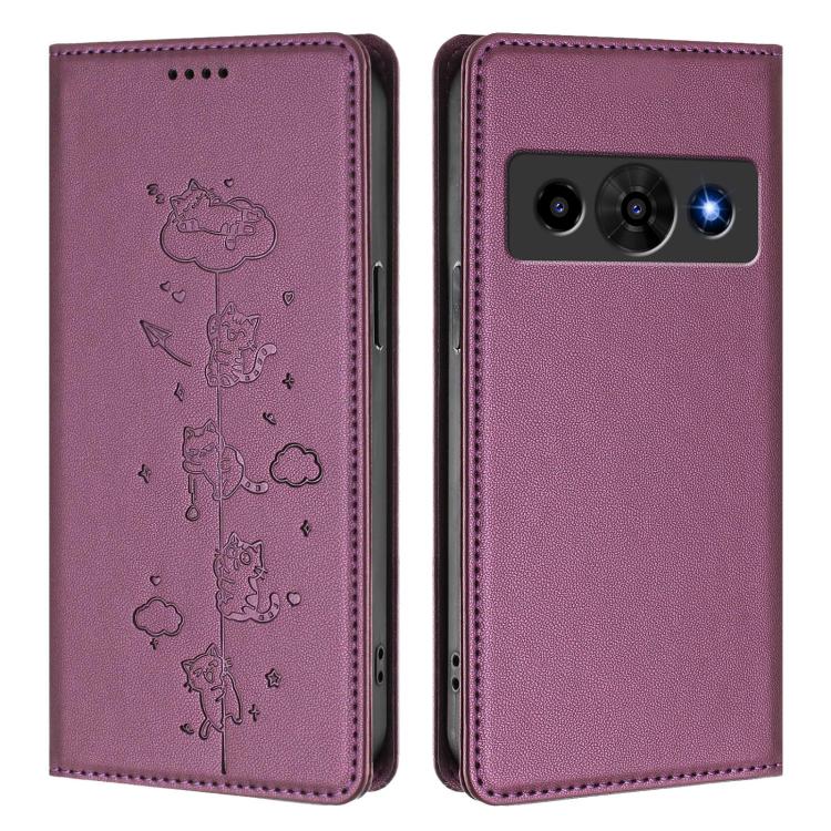 For ZTE Optus X Value 5G Cute Cats Embossed Magnetic RFID Vegan Leather Phone Case