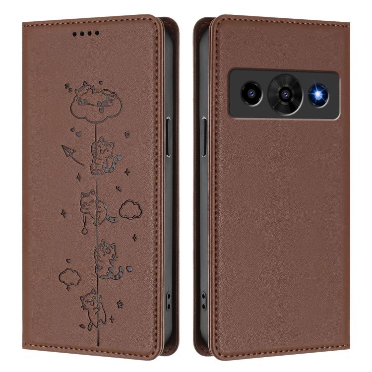 For ZTE Optus X Value 5G Cute Cats Embossed Magnetic RFID Vegan Leather Phone Case