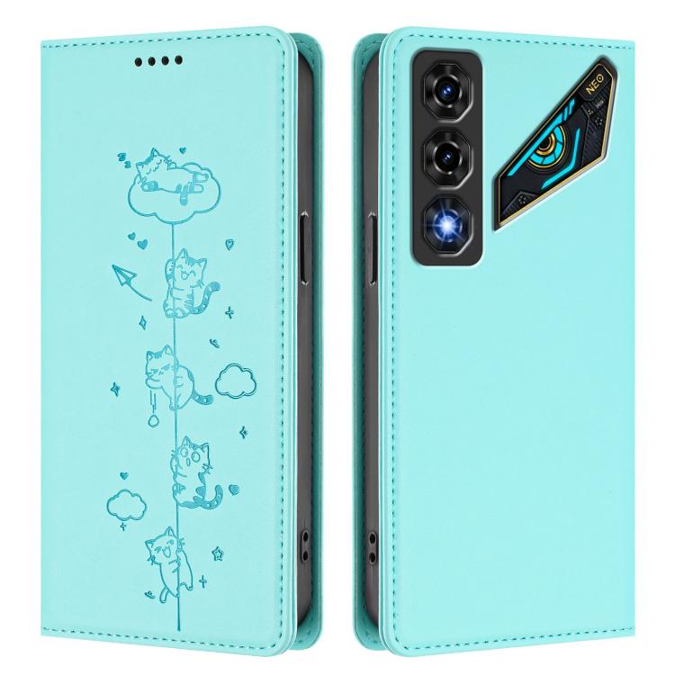 For ZTE nubia Neo 5 5G Cute Cats Embossed Magnetic RFID Vegan Leather Phone Case
