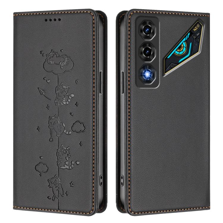 For ZTE nubia Neo 5 5G Cute Cats Embossed Magnetic RFID Vegan Leather Phone Case