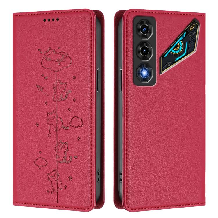 For ZTE nubia Neo 5 5G Cute Cats Embossed Magnetic RFID Vegan Leather Phone Case