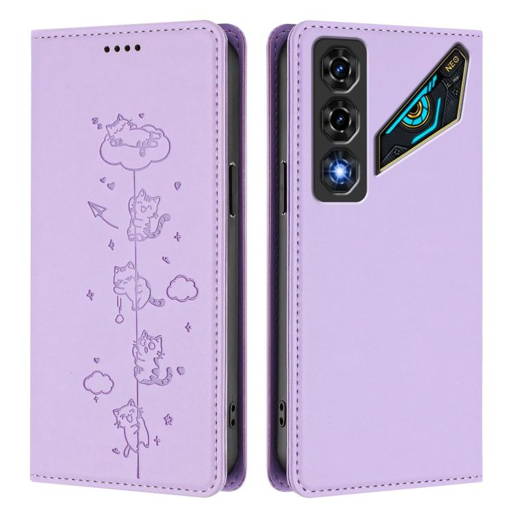 For ZTE nubia Neo 5 5G Cute Cats Embossed Magnetic RFID Vegan Leather Phone Case